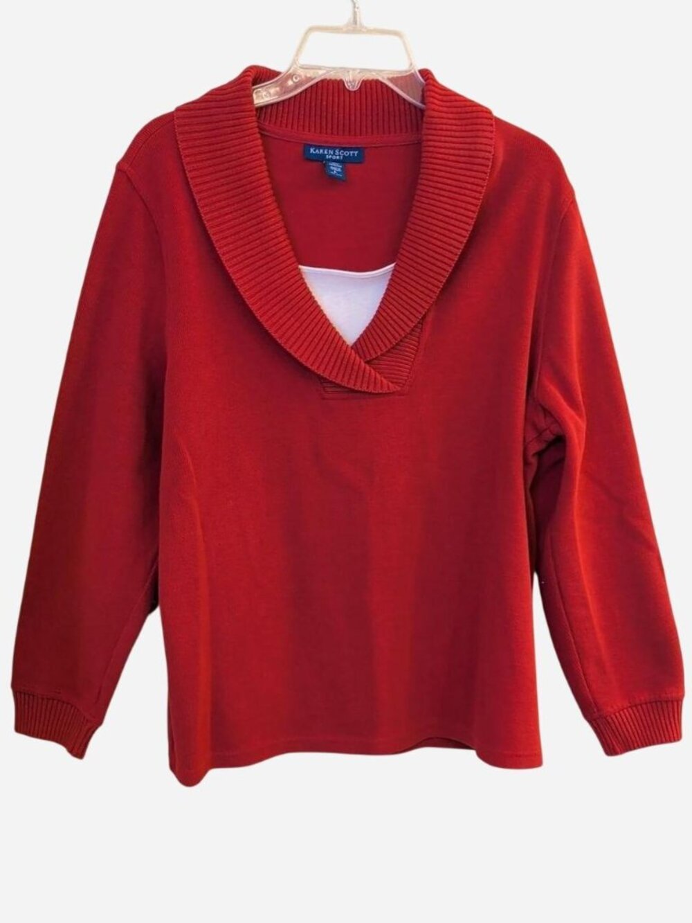 Karen Scott Sport Red Shawl-Collar Cowl Neck Sweater Size L